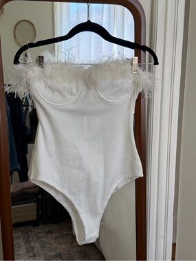 White Feather Trim Strapless Bodysuit